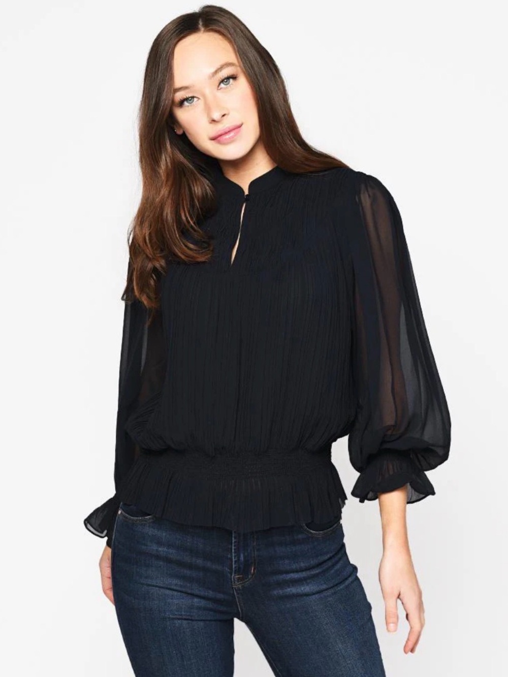Joie Black Pleated Balloon-Sleeve Blouse